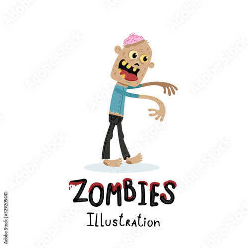 Walking dead character in cartoon style. Halloween zombie horror fantasy poster, undead monster personage, zombie apocalypse concept isolated on white background vector illustration.