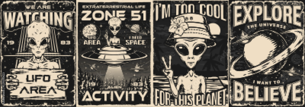 Fototapeta premium Alien activity set posters monochrome