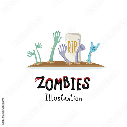 Undead arises on cemetery poster in cartoon style. Zombie hands sticking out from ground, horror monster, zombie apocalypse concept, walking dead isolated on white background vector illustration.