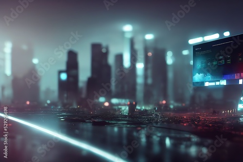 Future metropolis streets  night skyline cartoon vector with illuminated  blue and purple neon lights sci-fi city background. 3d render  Raster illustration.