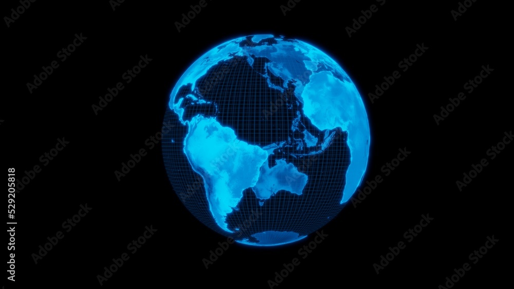 3D Rendering of digital hologram planet earth with glowing led blue color for advertising or news. global technology. 3D Rendering of digital hologram planet earth with glowing led blue color for advertising or news. global technology.