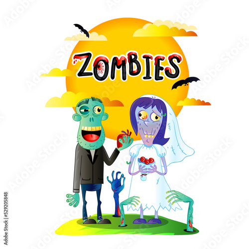 Zombies wedding poster with funny married zombie couple in cartoon style. Halloween zombie horror fantasy banner, undead monster personage, cute zombie love concept vector illustration.