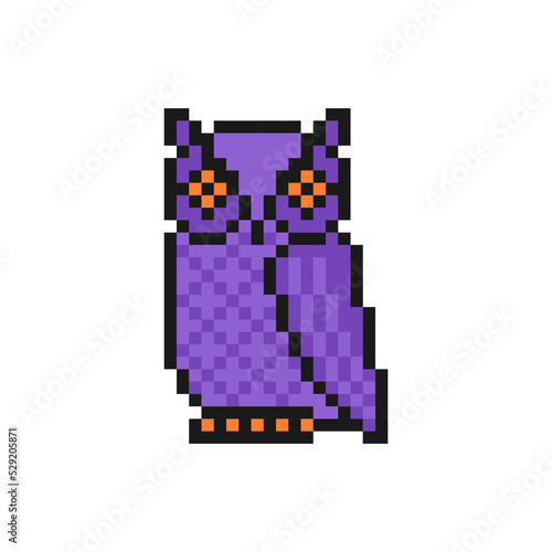 Owl Halloween icon in pixel art design isolated on white background, bird vector sign symbol.
