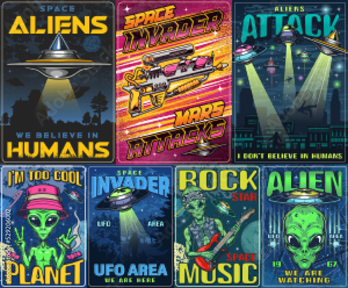 Aliens set vintage colorful posters