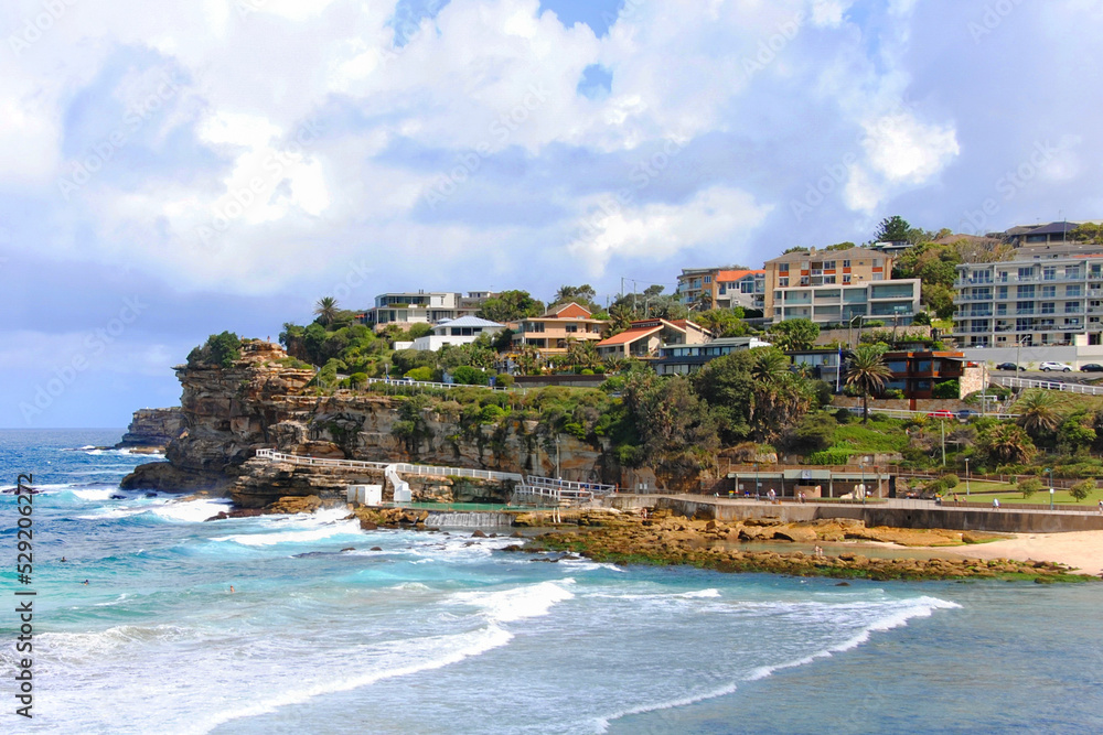 View of Bronte Beach coastline in Australia on a cloudy day