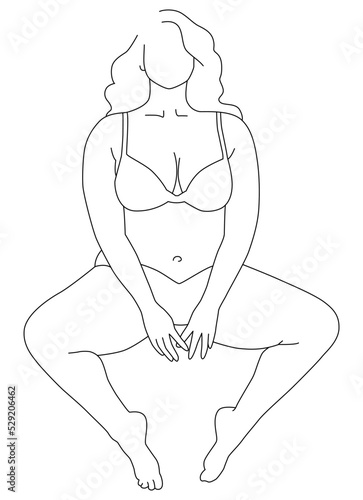 A happy woman. Beautiful woman plus size body line art illustration. Minimalistic linear female figure oversize. Abstract nude sensual art line