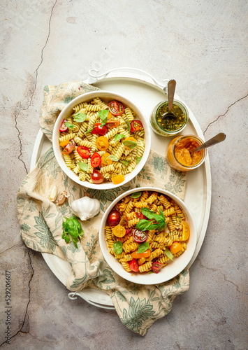 Fusili Pasta With Pesto Pesto and cherry tomatoes