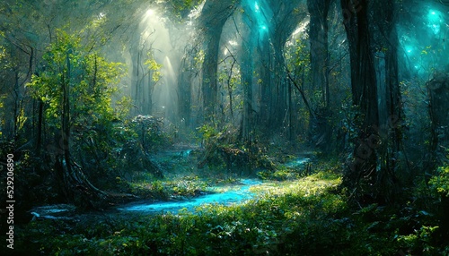 Photographie Raster illustration of beautiful fairy forest, with magical lights