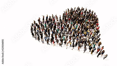 Concept or conceptual large gathering of people forming the image of a  heart on white background. A 3d illustration metaphor for love, romance, valentine's day, happiness, wedding, health or care