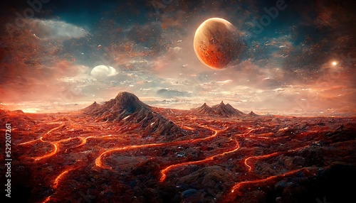 Foto Raster illustration of uninhabited sandy desert with magma flowing through it and space objects in the sky