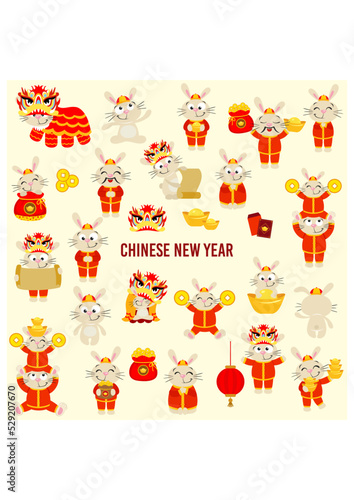 Fototapeta Naklejka Na Ścianę i Meble -  Fun package of rabbit Chinese New Year party with set digital elements