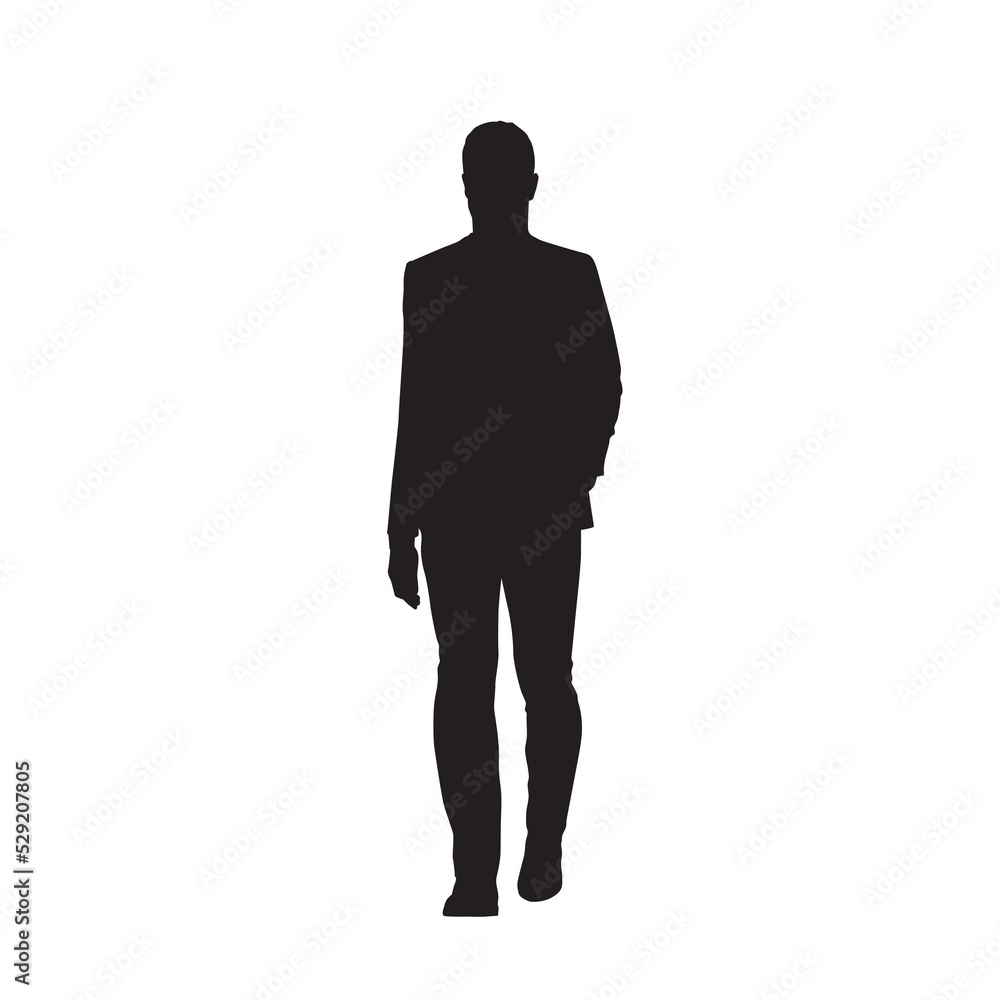 Businessman walking, isolated vector silhouette, front view. Man in suit