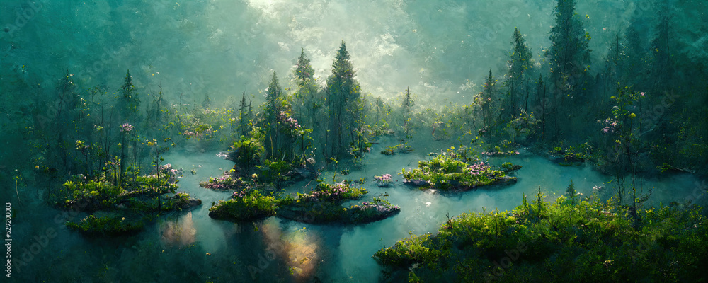 landscape of forest lake in fantasy style with emerald water - obrazy, fototapety, plakaty 