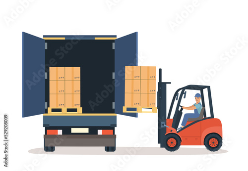 Forklift worker unloads truck. Vector illustration.