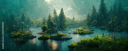 landscape of forest lake in fantasy style with emerald water