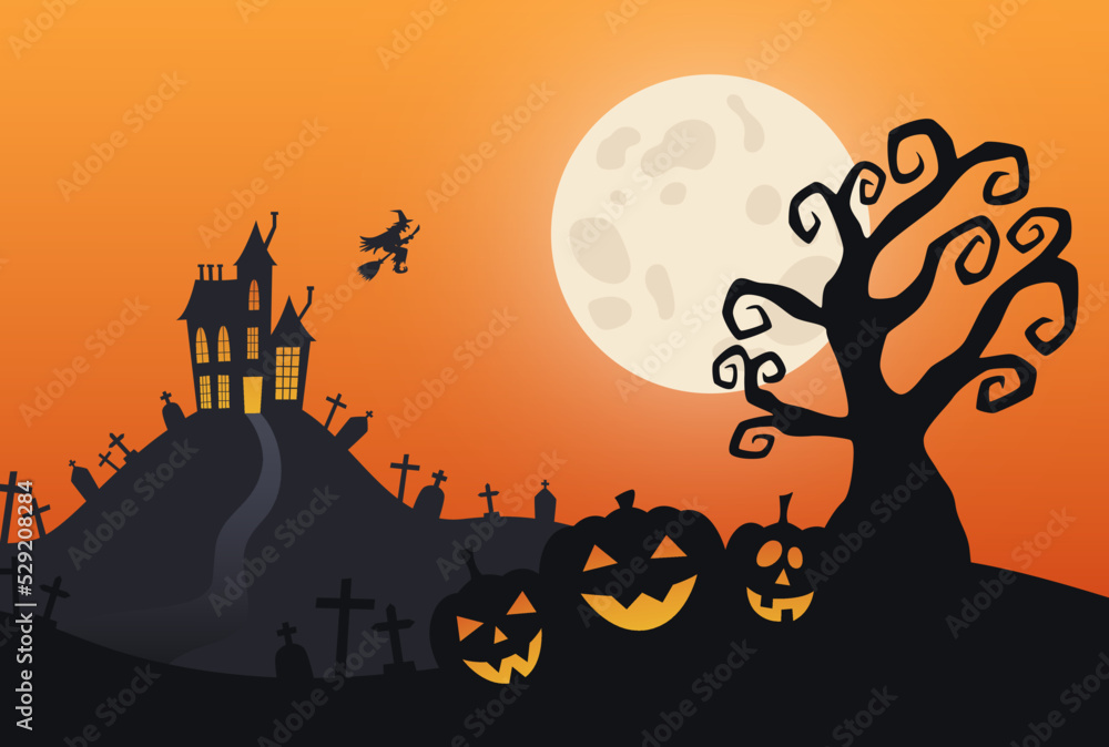 Halloween landscape with spooky pumpkins, dead tree, cemetery, haunted house and witch on a broomstick in moonlight on orange background. Vector illustration