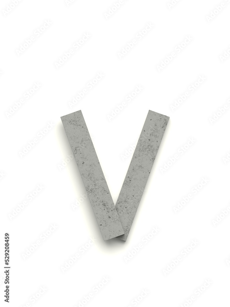 Small letter v made of several separate cement pieces lying on top of each other with 3D effect and shadows on white background, 3d rendering Small letter v made of several separate cement pieces lying on top of each other with 3D effect and shadows on white background, 3d rendering