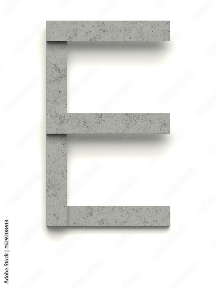 Letter E made of several separate cement pieces lying on top of each other with 3D effect and shadows on white background, 3d rendering Letter E made of several separate cement pieces lying on top of each other with 3D effect and shadows on white background, 3d rendering