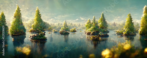 Magic flooded fantasy forest with big lake green trees