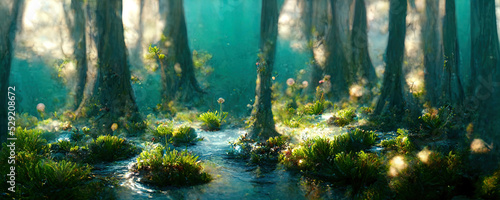 Leinwand Poster Mysterious Magic forest with fireflies and lake