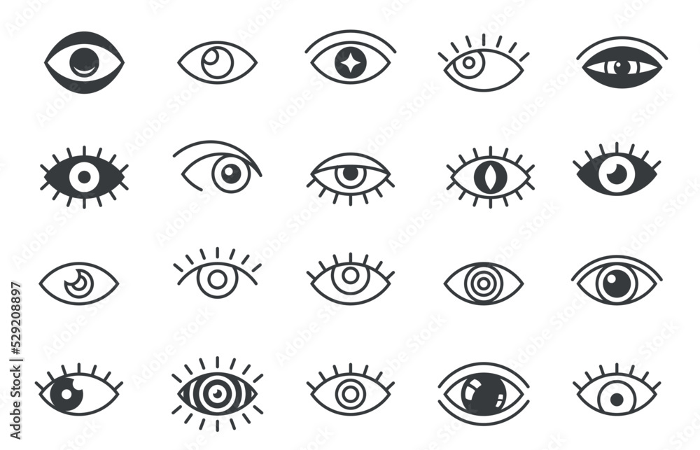 Open eyes symbols. Outline human eye optic icons, eyeball eyelashes linear signs, vision health ophthalmology concept. Vector isolated set Open eyes symbols. Outline human eye optic icons, eyeball eyelashes linear signs, vision health ophthalmology concept. Vector isolated set