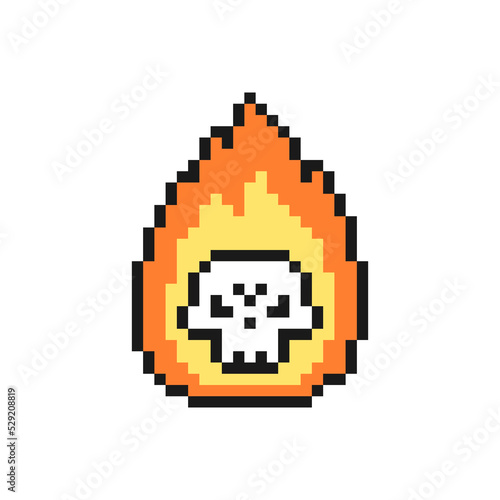 Skull on fire Halloween icon in pixel art design isolated on white background, vector sign symbol.