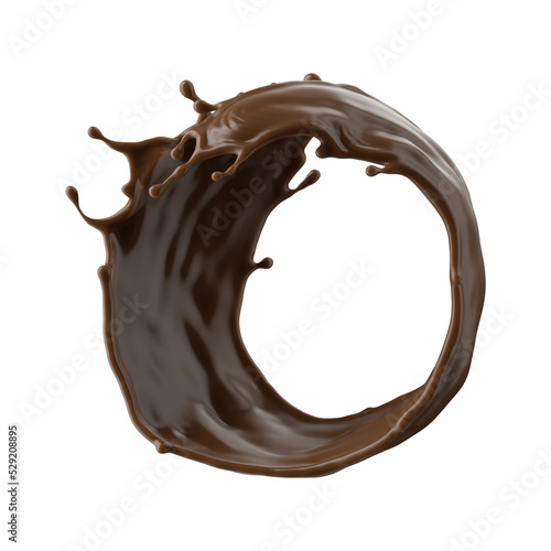 3d render, chocolate splash, cacao or coffee drink, splashing syrup, cooking ingredient. Round brown liquid clip art isolated on white background