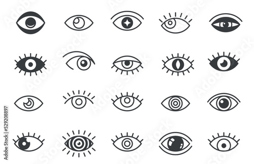 Open eyes symbols. Outline human eye optic icons, eyeball eyelashes linear signs, vision health ophthalmology concept. Vector isolated set