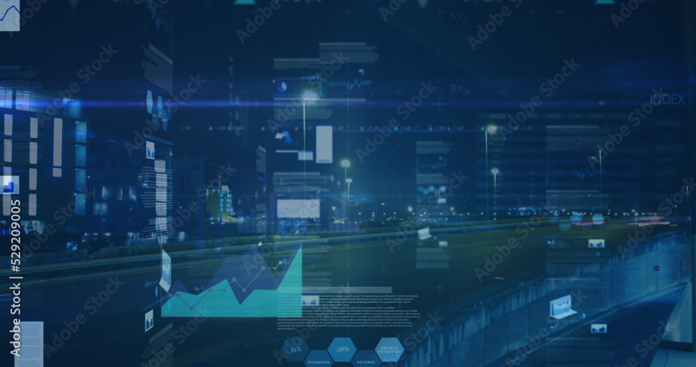 Fototapeta premium Image of statistics and financial data processing over cityscape