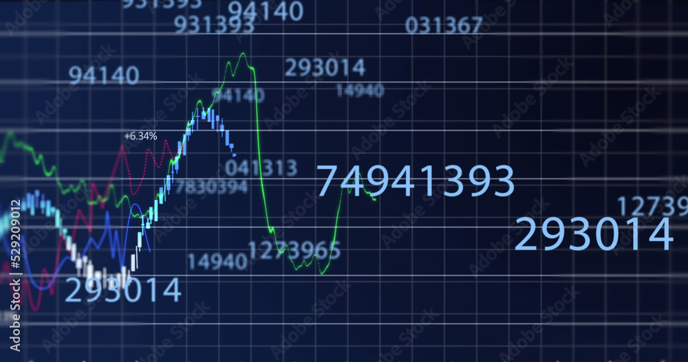 Multiple numbers changing over financial data processing against blue background Multiple numbers changing over financial data processing against blue background