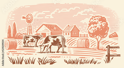 Cows on fram meadow vector. Hand drawn sketch livestock