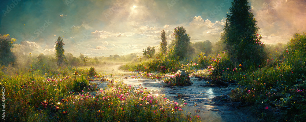 Magical landscape of a fairytale forest with a river along the banks of which flowers grow - obrazy, fototapety, plakaty 