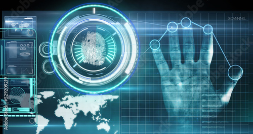 Image of scopes scanning, biometric fingerprint and medical data processing over digital screen