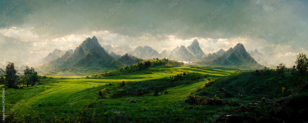 Obraz premium mountain landscape with green plain and tea plantations with mountains in the background