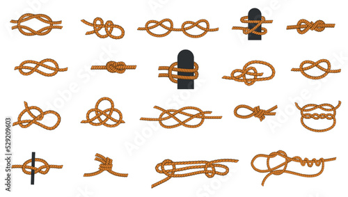 Knot types. Cartoon knotted rope with ties and threads for boating and sailing, eight knot and squareknot. Vector nautical icons collection photo