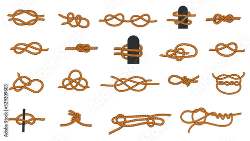 Knot types. Cartoon knotted rope with ties and threads for boating and sailing, eight knot and squareknot. Vector nautical icons collection