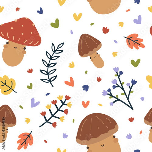 seamless vector colorful autumn pattern with leaves, mushrooms, flowers