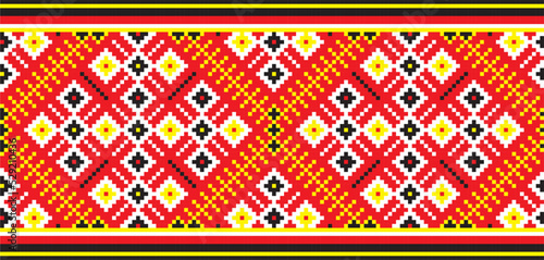 Vector colored seamless Ukrainian national ornament, embroidery. Endless ethnic floral border, Slavic peoples frame. Red cross stitch.