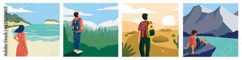 People looking at landscape. Cartoon travelers and adventurers enjoying nature scenery and looking on horizon. Vector people at hiking and journey illustration