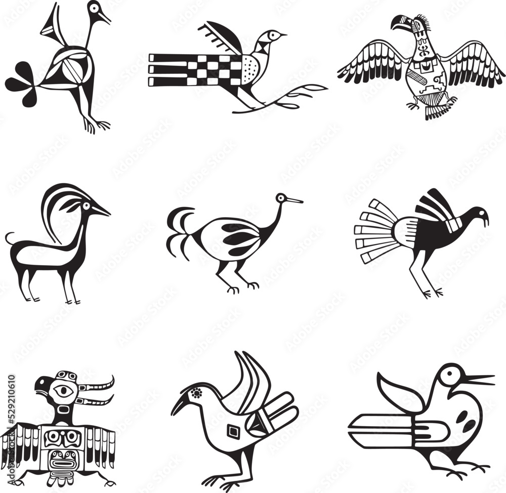 Fototapeta premium Vector monochrome set of native american symbols. Pattern totem of the peoples of Central and South America, Aztecs, Maya, Incas