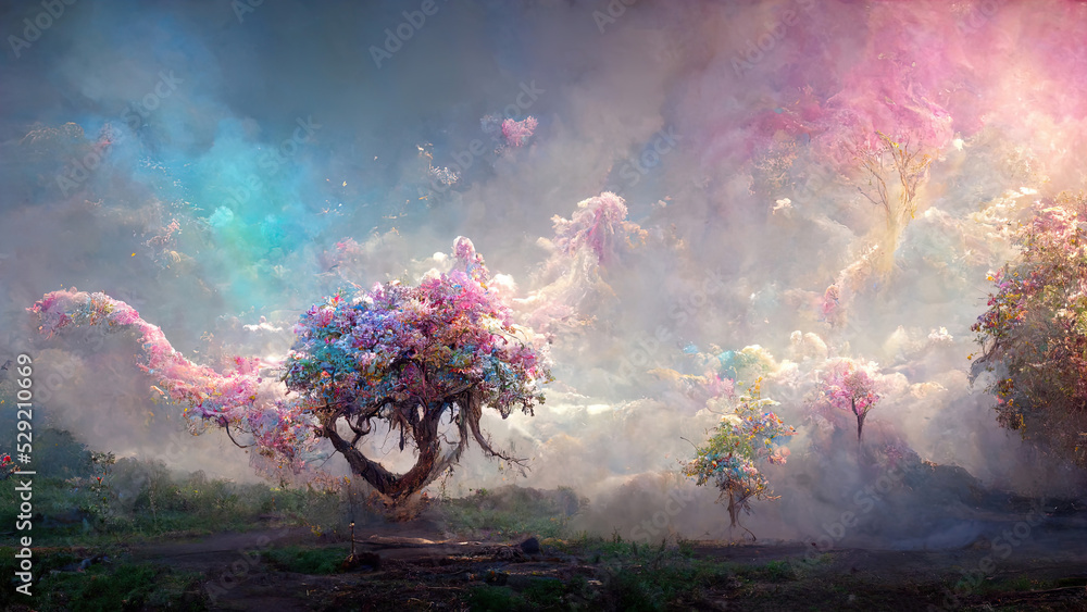 Naklejka premium fantasy landscape with magic tree shrouded in pink mist