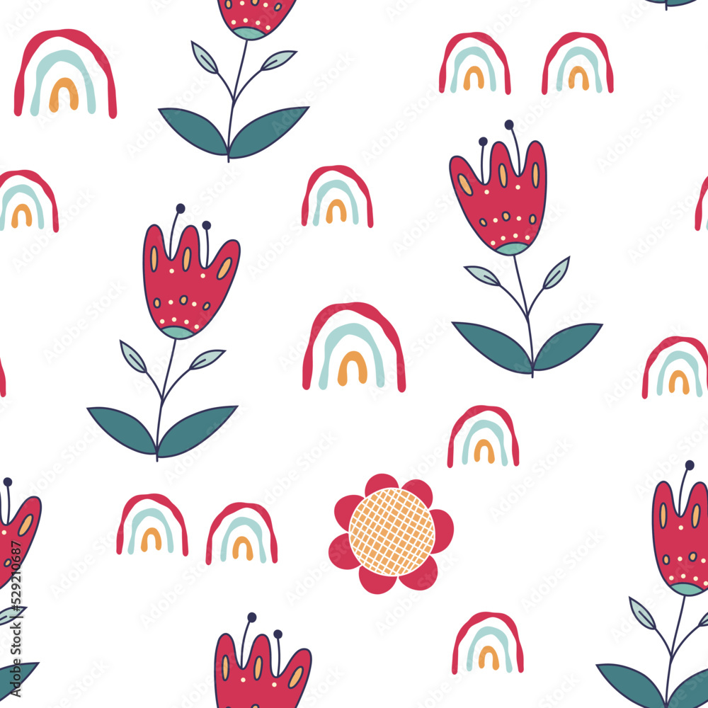 Fototapeta premium Vector seamless pattern in folk style with flowers. Folklore vector graphics with colorful plants 