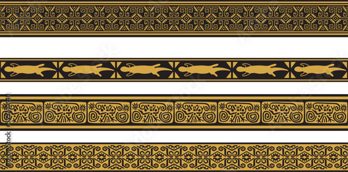 Vector set of gold and black native american ornamental seamless borders. Framework of the peoples of America, Aztecs, Maya, Incas..