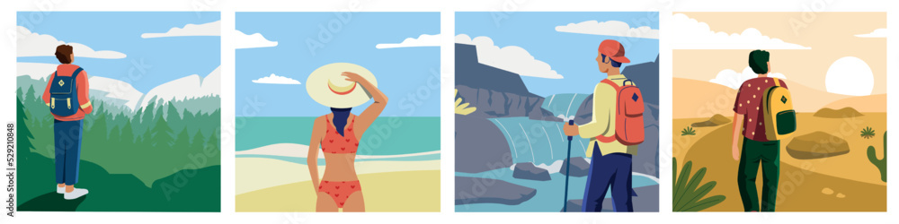 Travelers looking at nature. Cartoon persons exploring nature and enjoying wild life view, adventurers discover new horizons. Vector illustrations