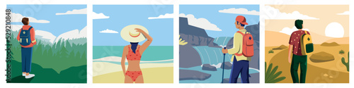 Travelers looking at nature. Cartoon persons exploring nature and enjoying wild life view, adventurers discover new horizons. Vector illustrations