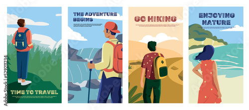 Travel and hiking posters. Cartoon people enjoying nature and look in the sky, adventurers and travelers in wild nature. Vector touristic flyers collection