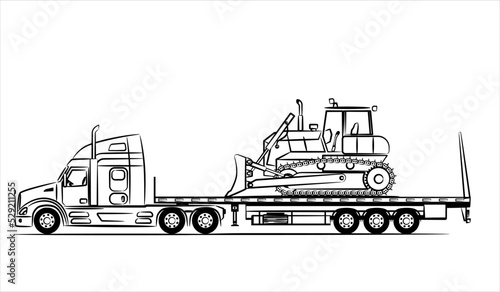 American Flatbed trailer truck abstract silhouette on white background. A hand drawn of a truck car. Trailer with axle extendable trailer rigged. Low Bed Trailer Truck with bulldozer