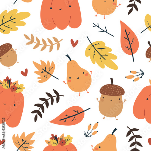 seamless vector colorful autumn pattern with pears, pumpkins, mushrooms, leaves