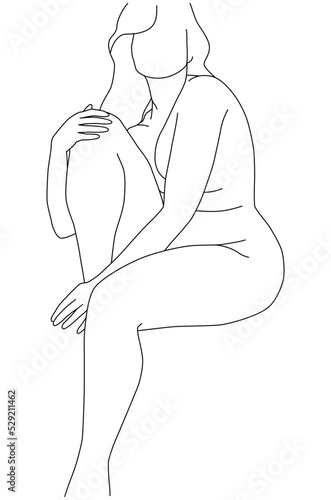 Fashion line. Female figure. Continuous one-line abstract drawing. Continuous line vector illustration of a nude curvy woman. The concept of the beauty of a curvy female body.