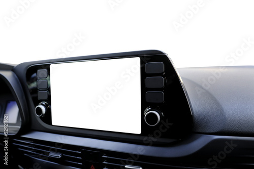 Isolated transparent navigation screen on the dashboard and transparent windscreen from inside of a car